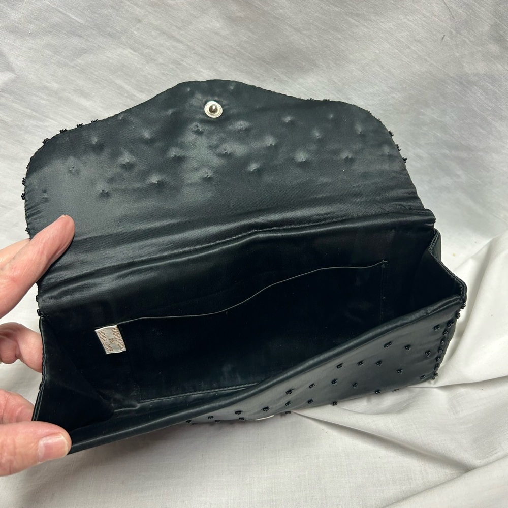 Nice Vintage Art Deco Clutch Black Beaded Sequin Satin Made In Hong Kong - Picture 7 of 9